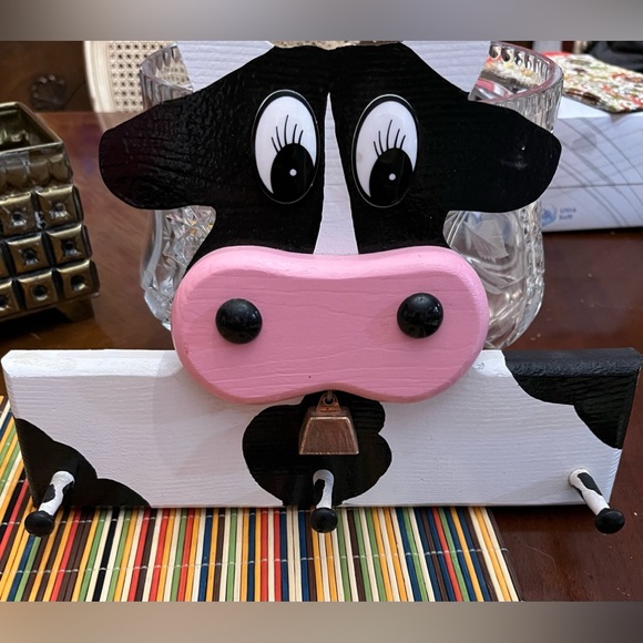 Handmade | Accents | Kitchy Wood Cow Face As Wall Key Rack W 3 Hooks ...